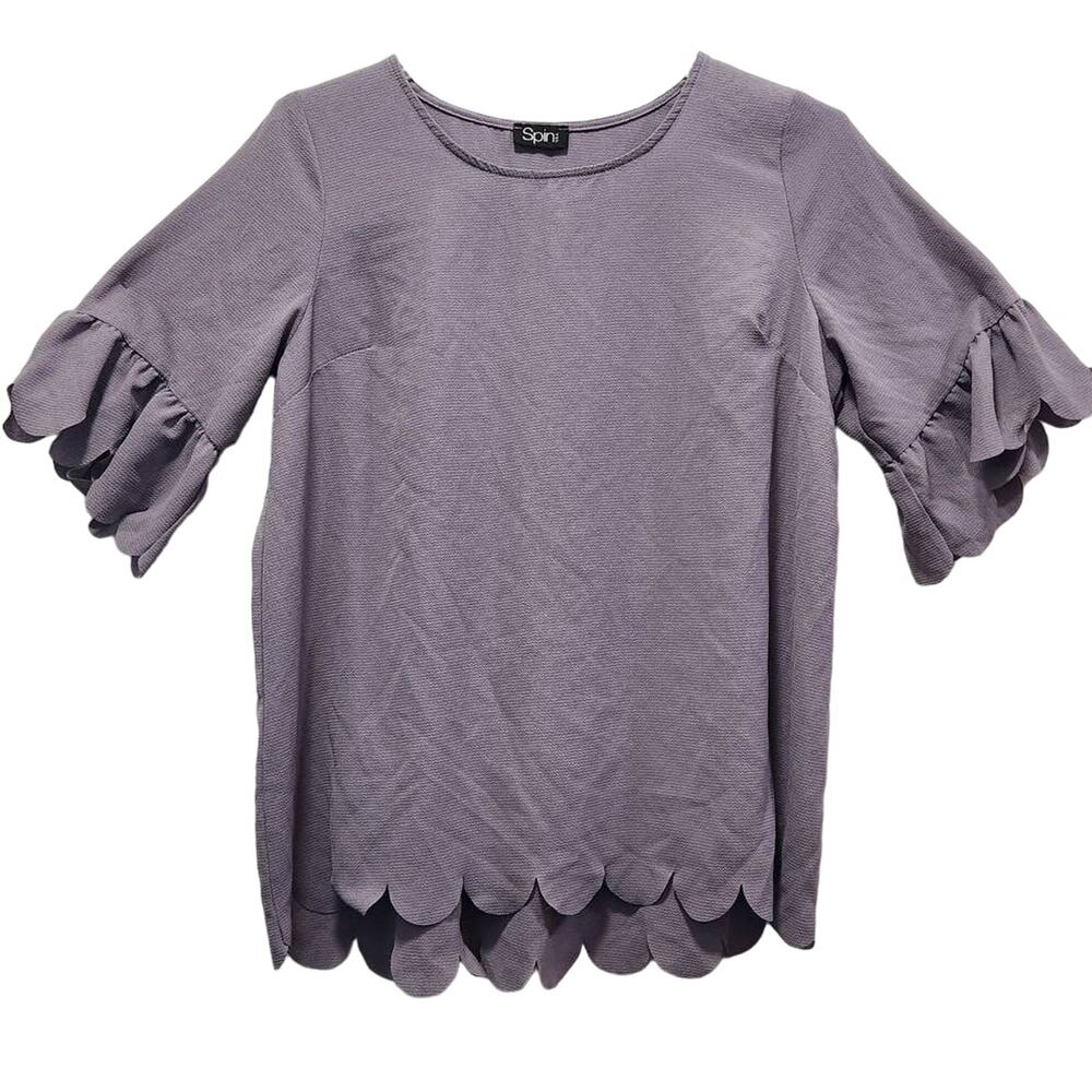 Spin USA Women's Purple Pullover Short-Sleeve w/Ruffles Scalloped-Hem Top XL